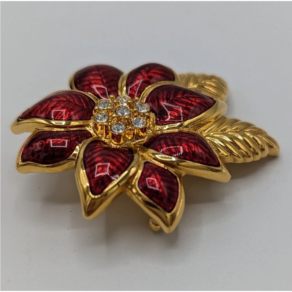 Monet Red and Gold Rhinestone Poinsettia Brooch - Picture 6 of 10